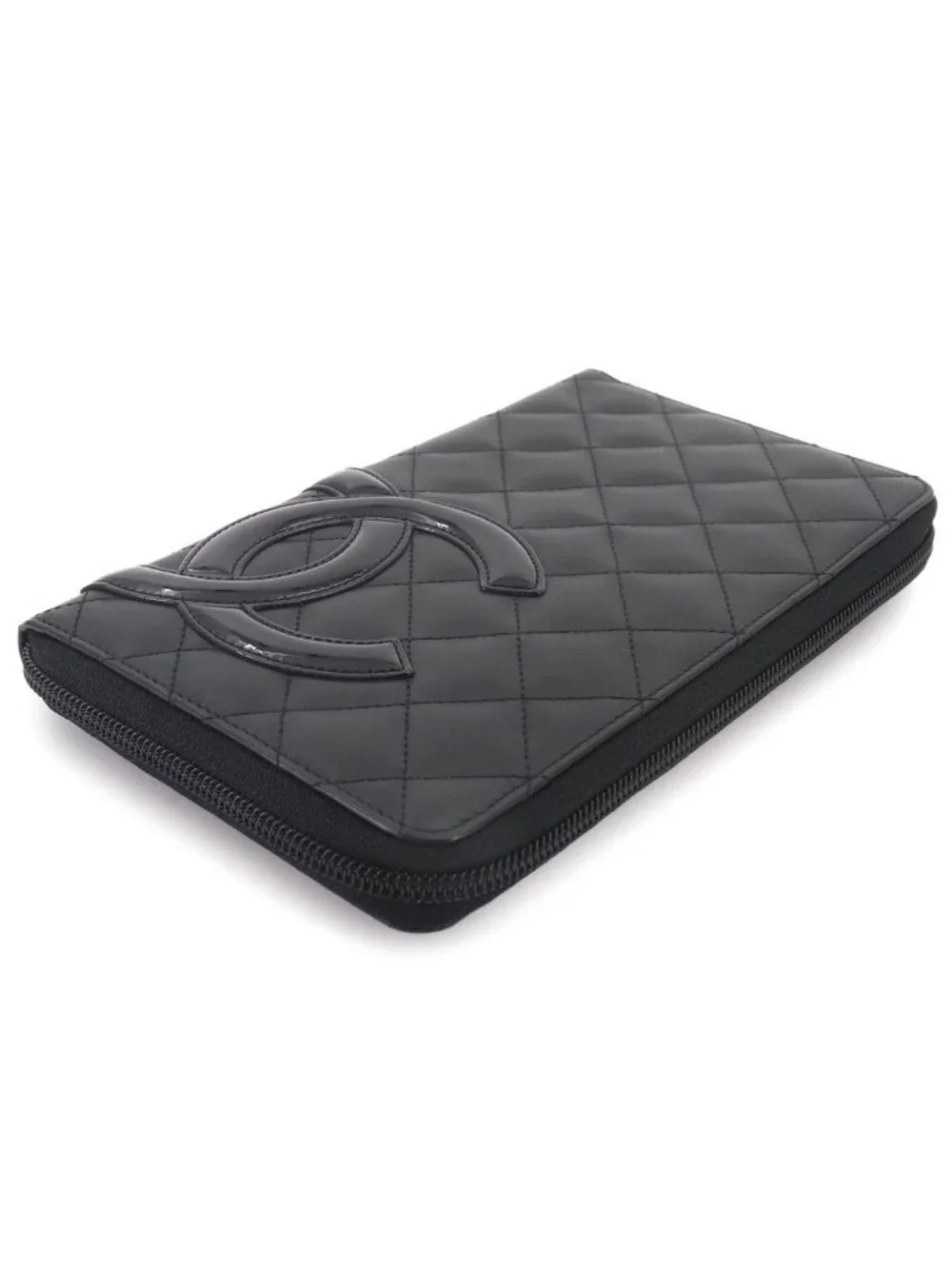 Chanel Cambon Line Zip Around Wallet Calfskin Enamel Black